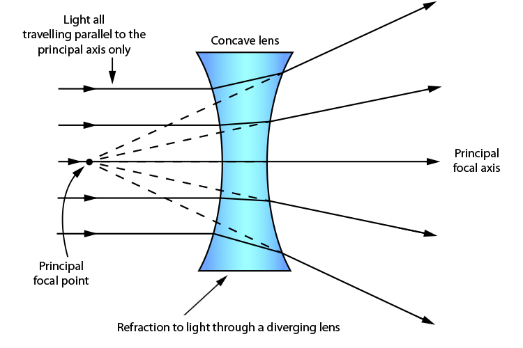 Parallel light rays enter a concave lens and diverge as they exit it